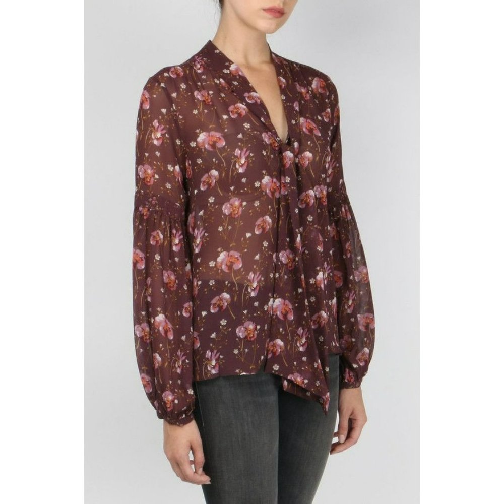 Ulla Johnson Mimi Burgundy Plum Floral Mock Tie Neck Silk Long Sleeve Blouse Top